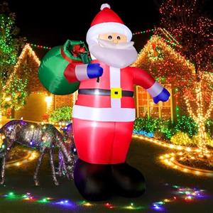 Omdekor Babbo Natale Gonfiabile da 245 cm con Luce a LED, Natale Gonfiabile Resistente alle Intemperie IP44, Figura di Babbo Natale con Sacchetto Regalo, Decorazione di Illuminazione Esterna per Giardino