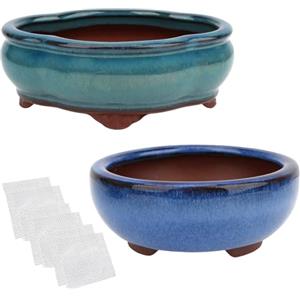 happy bonsai Fioriera per bonsai da 12,4 cm e 14,5 cm, 2 vasi piccoli smaltati per piante grasse + 6 reti di drenaggio morbide