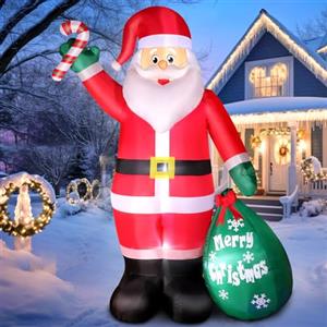 Omdekor 245cm Babbo Natale Gonfiabile con Luce LED, Decorazione Natalizia Gonfiabile Resistente alle Intemperie IP44, Modello Jumbo di Babbo Natale con Borsa Regalo e Bastone da Passeggio per Giardino Prato
