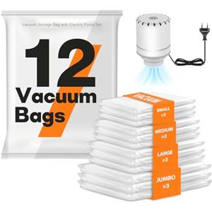 HoMii Sacchetti Sottovuoto per Vestiti con Pompa Elettrica - 12 Pezzi di 4 Misure Sacchetti Vestiti Sottovuoto riutilizzabili Buste Sottovuoto Vestiti per Vestiti con Lenzuola