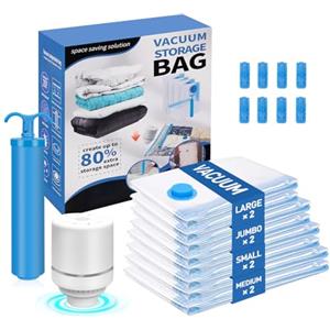 LURICO Sacchetti sottovuoto per vestiti con pompa ad aria elettrica e pompa a mano, 8 pezzi (2Jumbo/2grande/2medi/2piccoli), sacchetti sottovuoto per piumini per stoccaggio con biancheria da letto