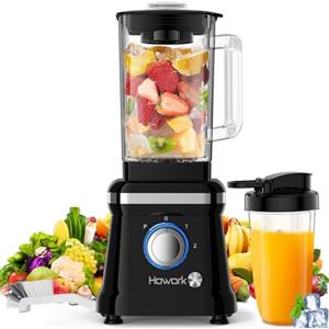 Howork Frullatore Elettrico 1200W Blender Frullatore 1.6L Frullatore Smoothie, 2 Velocità + Funzione Impulso, 6 Lame in Acciaio Inox, Con Tazza e Spazzola da 400ml (Nero)