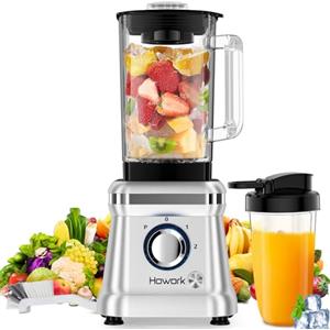 Howork Frullatore Elettrico 1200W Blender Frullatore 1.6L Frullatore Smoothie, 2 Velocità + Funzione Impulso, 6 Lame in Acciaio Inox, Con Tazza e Spazzola da 400ml (Argento)