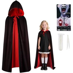 Powmag 3 Pcs Costume da Vampiro per Halloween, Mantello con Cappuccio, Denti da Vampiro e Sangue Finto, 120/140/160 cm Mantello Halloween vampire rosso e nero Costume Dracula adulti,donne ragazze (M:140CM)