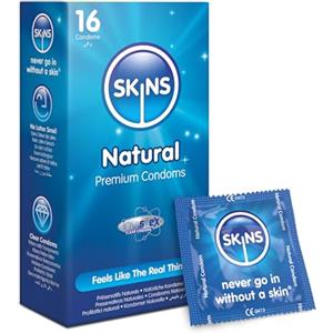 Skins Natural Preservativi in Lattice Naturale, 16 pz, Extra Lubrificati e Ultrasottili per Massimo Comfort