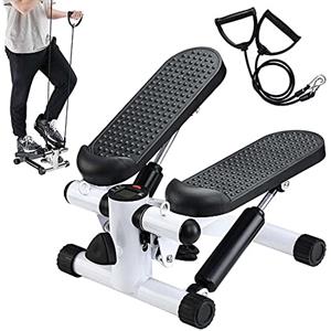 BAKAJI Stepper Allenamento Fitness Cardio Gambe Pancia Fianchi con Display LCD Calorie Tempo e Manubri Elastici Allenamneto Braccia Spalle Struttura in Acciaio Inox Pedali Antiscivolo (Bianco)