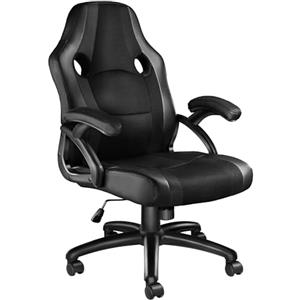 TecTake® Sedia da Ufficio Ergonomica, Poltrona Gaming con Rivestimento in Similpelle, Regolabile in Altezza, Rotazione a 360 Gradi, Base Stabile con 5 Rotelle, Design Sportivo - Nero