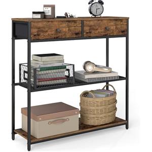 VASAGLE Tavolo Consolle Stretto, Tavolo da Ingresso con 2 Cassetti in Tessuto, Tavolino da Divano a 3 Livelli, 24 x 76 x 80 cm, per Ingresso, Soggiorno, Marrone Vintage e Nero Inchiostro LNT092K01