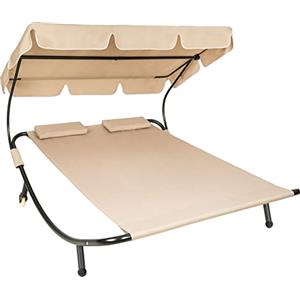 TecTake® Lettino Prendisole Doppio con 2 Cuscini da Esterno, Robusto Telaio in Metallo, Comode Rotelle, Tenda da Sole Pieghevole, Resistente agli Agenti Atmosferici - Nero/Beige