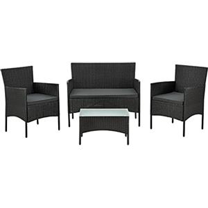 Juskys Salottino in polyrattan Fort Myers 4 Persone con divano a 2 posti, 2 sedie, tavolo e cuscini per seduta resistente alle intemperie nero/grigio Mobili da balcone Set di mobili da giardino