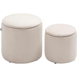 HOMCOM Set di 2 Pouf Contenitore Salvaspazio in Velluto a Coste, Sgabelli Imbottiti Rotondi con Coperchio per Salotto e Camera da Letto, Pouf Poggiapiedi Moderno, Carico 100kg, Bianco Crema