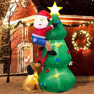 Danxilu Albero di Natale Gonfiabile da 6 Piedi con Babbo Natale Inseguito da Un Cane, Gonfiabili Navideños per Esterni Decorazioni Luci LED Integrate per Esterno Feste Giardino Interno Prato Patio