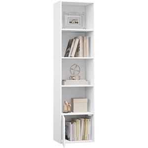 eSituro Libreria Verticale con 4 Scomparti Aperti e 1 Armadietto Scaffale Libreria in Legno Bianco Portalibri da Terra Moderno per Ufficio, Soggiorno Studio 34x24x132cm