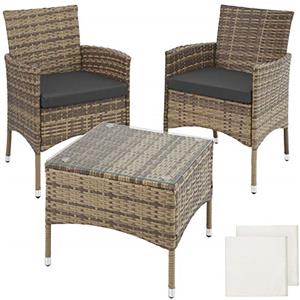 TecTake® Set da Giardino in Rattan Lucerna, Robusto Telaio in Acciaio, Set Sedie da Esterno, Tavolino Salotto con Piano in Vetro, Comodi Cuscini, Design Moderno - Naturale