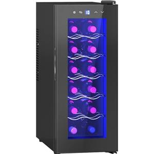 HOMCOM Cantinetta Vino Refrigerata 12 Bottiglie 34L Cantina Vino Monotemperatura 8-18℃ Cantina Vino Bar con Vetro Anti UV, Termoelettrico, Ripiani Regolabile, Display Touch, Luci LED, Classe E, Nero