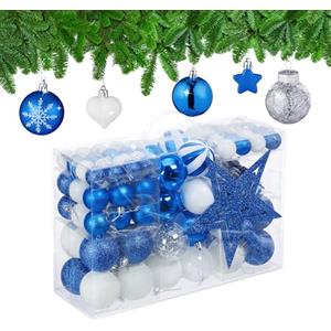 Relaxdays Palline di Natale, Set 101 Addobbi Natalizi in Plastica, Decorazioni per Albero in Vari Design, Puntale, Blu