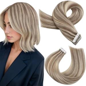 Moresoo Extension Capelli Veri Biadesivo Invisibili Remy Extension Biadesive Capelli Veri Marrone Chiaro con Biondo Platino #P9A/60 25 cm 20 Pezzi 30g
