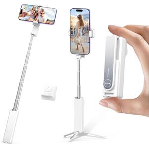 yAyusi Estensibile Mini Selfie Stick Treppiede con Telecomando, Treppiede Portatile Tascabile per iPhone, Piccolo Compatto Telefono Selfie Stick per Vlog/Registrazione Video/Streaming Live (Bianco)