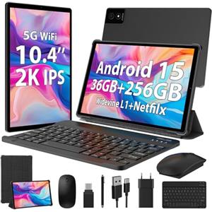 WOREGOO 10.4 Pollici Tablet Android 15, 5G WiFi, Tablet in Offerta 36GB RAM+256GB ROM(TF 1TB), 2000x1200 FHD, Octa-Core, Widevine L1/8000mAh/8MP+13MP/BT5.0/GPS/GMS, con Tastiera e Mouse, Nero