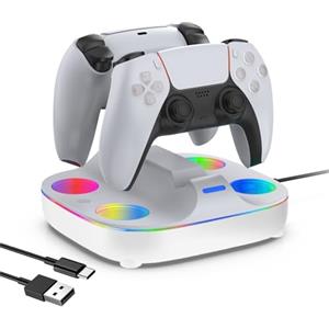 AriKroii Stazione di ricarica per controller PS5,Base di Ricarica per PS5 e DualSense Edge, Caricatore Joystick per PS5,Ricarica PS5 con effetto luce LED RGB,Docking a rapida,Accessori PS5