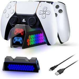 AriKroii Caricatore Joystick per PS5,Stazione di Ricarica per Controller PS5,Accessori per Playstation 5 con effetto luce RGB,Porta Joystick per PS5 con Cavo USB-C