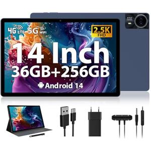 RUSHAR Newest Tablet 14 Pollici,Android 14 Tablet con 36GB RAM +256GB ROM (1TB TF),Tablet 4G LTE/SIM+5G WiFi,11580mAh|2240 * 1400HD|Octa-Core 2.0GHz|13MP+8MP|Face ID|BT 5.0,Tablet con Fondina,Blu