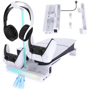 AriKroii Supporto orizzontale sottile per PS5 Pro/PS5, staffa di raffreddamento con luci RGB e caricatore doppio controller