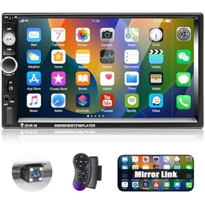 CAMECHO Autoradio 2 Din con schermo, radio a doppio din touch da 7 pollici con Mirror Link Bluetooth Vivavoce FM Radio AUX USB Comando al volante 7 pulsanti a colori+telecamera di retromarcia