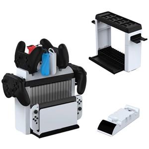 AriKroii Supporto al Gioco Torre per Switch/OLED,Caricatore Joystick PS5,Caricatore per Joycon Switch/12 slot di giochi/15 CD da gioco/Controller Switch Pro/TV Dock, Accessori da Gioco Switch