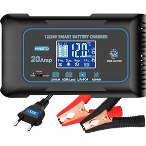 Haisito Intelligente Carica Batterie per Auto Moto 12V/24V 20A, Professionale Rapido Caricabatterie Mantenitore per Batterie al Litio, LiFePo4, Piombo-acido(AGM, GEL, EFB, SLA, VRLA)