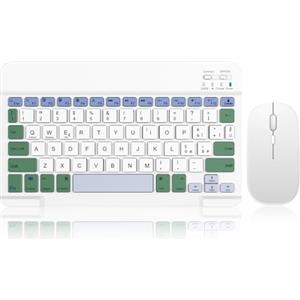 SOPPY Tastiera e Mouse Bluetooth Portatili, Mini Tastiera Ricaricabile, Tastiera Wireless per iPad/Samsung Tab/Lenovo Tab/iOS/Android/Windows, Layout Italiano (Bianco e Verde)