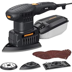 DOVAMAN ROS06A Levigatrice Multifunzione 3-in-1, 200W, 6 Velocità, 15 Carte Abrasive, Bassa Vibrazione, Aspirazione della Polvere, Levigatrice Mouse, Orbitale, Eccentrica per Legno e Acciaio