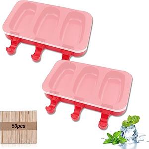 xocome 2 Pezzi Stampi per Ghiaccioli in Silicone, con Coperchio e 50 Bastoncini di legno, 3 Cavità Stampo in Silicone per Gelato Riutilizzabile, per Gelato al Cioccolato Congelato Fai da Te