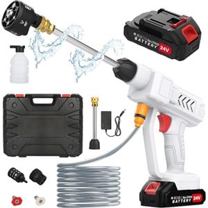 Housiwill Idropulitrice a Batteria, Max 260 PSI Idropulitrice Portatile con Ugello Multispruzzo 6 in 1, 2 Batterie e Tubo da 5M, Adatto per la Pulizia di Auto, Pavimenti
