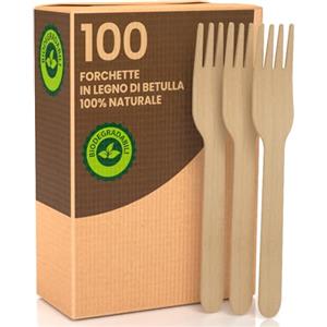 Baciato Caffè 100 Forchette Ecologiche in Legno di Betulla Monouso 100% Naturali Biodegradabili e Compostabili Posate Usa e Getta