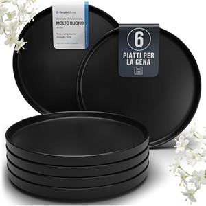 PURE LIVING INTERIOR DESIGN Piatti Neri Moderni, Set Piatti 6 Persone in Ceramica - Elegante Servizio Piatti Manhattan, Adatti a Lavastoviglie e Microonde - Piatti Fondi per un'Esperienza Culinaria Unica - Pure Living