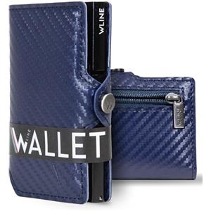 WLine Portafoglio Uomo Slim con Portamonete Rfid Compatto ed Elegante - Porta Carte di Credito Uomo e Donna Schermato in Fibra di Carbonio - Portatessere Uomo Tascabile (Blu Carbon con Zip)