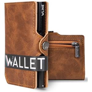 WLine Portafoglio Uomo Slim con Portamonete Rfid Compatto ed Elegante - Porta Carte di Credito Uomo e Donna Schermato in Pelle PU - Portatessere Uomo Tascabile (Marrone Chiaro Vintage con Zip)