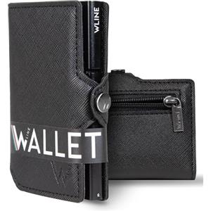 WLine Portafoglio Uomo Slim con Portamonete Rfid Compatto ed Elegante - Porta Carte di Credito Uomo e Donna Schermato in Pelle PU Saffiano - Portatessere Uomo Tascabile (Nero Saffiano con Zip)