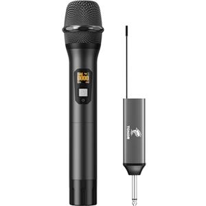 TONOR Microfono Senza Fili, UHF Sistema Wireless Microfonico Portatile in Metallo Cordless con Ricevitore Ricaricabile, Uscita 1/4" per Amplificatore, Macchina da Karaoke, 60m (TW620), Nero