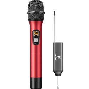 TONOR Microfono Senza Fili UHF Sistema Microfonico Dinamico a Doppio Cordless in Metallo con Ricevitore Ricaricabile, Set di Microfoni Wireless per Canto Karaoke, DJ, Festa, 60m TW630, Rosso
