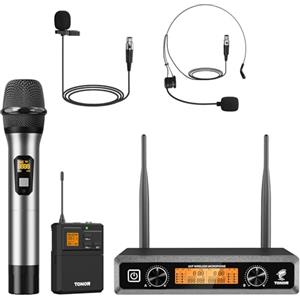 TONOR Sistema di microfoni wireless con microfono portatile UHF senza fili in metallo, cuffie/microfoni lavalier, trasmettitore bodypack, ricevitore, 2 x 15 canali, portata 61 m, per karaoke, chiesa,