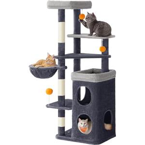 Feandrea Albero per Gatti Alto 152 cm, Tiragraffi per Gatti a Più Livelli con 2 Grotte Ampie, un'Amaca, 3 Colonne Graffiatoio, 3 Piattaforme, Grigio Scuro PCT007G02