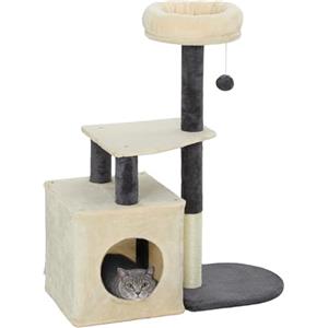 PawHut Albero Tiragraffi per Gatti Alto 92 cm, Torre per Gatti con Casetta, Lettino Superiore, Pali in Sisal e Pallina, per Gatto Adulto e Gattini, Bianco Crema