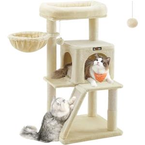 Feandrea Albero per Gatti, Tiragraffi per Gatti, Pali e Rampa Graffiatoio in Sisal Naturale, 2 Pompon Sospesi, Grotta, Cesto, Trespolo di Peluche, Beige PCT51M