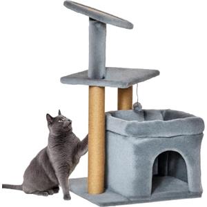 PawHut Albero Tiragraffi per Gatti con Pali in Corda Juta, Casetta e Cuscino per Gatti, Rivestimento in Peluche, Altezza 84cm, Grigio