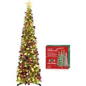 HMASYO Albero di Natale Artificiale Sottile 150cm a Paillettes Luccicante con Luci Integrate e Timer, Montaggio Istantaneo, Pieghevole - Decorazione per Interni Casa, Appartamento, Veranda, Feste