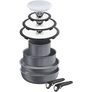 Lagostina Ingenio Induction Classico Batteria di Pentole, ad induzione, Effetto Pietra, Alluminio Antiaderente, Grigio, 16 cm, 10 Pezzi