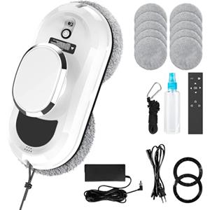 Oamger Robot Lavavetri 5600Pa, Lavavetri Elettrico per Finestre con Telecomando e Sistema di Rilevamento dei Bordi, Pulitore Automatico per Finestre Interne ed Esterne, 10 Panni (Bianco (B))