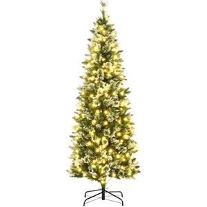HOMCOM Albero di Natale Slim 180cm, Albero di Natale Artificiale con 618 Rami e 240 Luci LED Incorporate, Albero Innevato Alto e Stretto con Base in Acciaio
